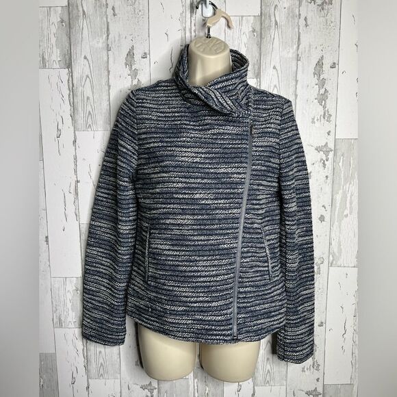 Loft Women's Blue White Cotton Blend Asymmetrical Cropped Blazer Jacket Size SM - Picture 1 of 11